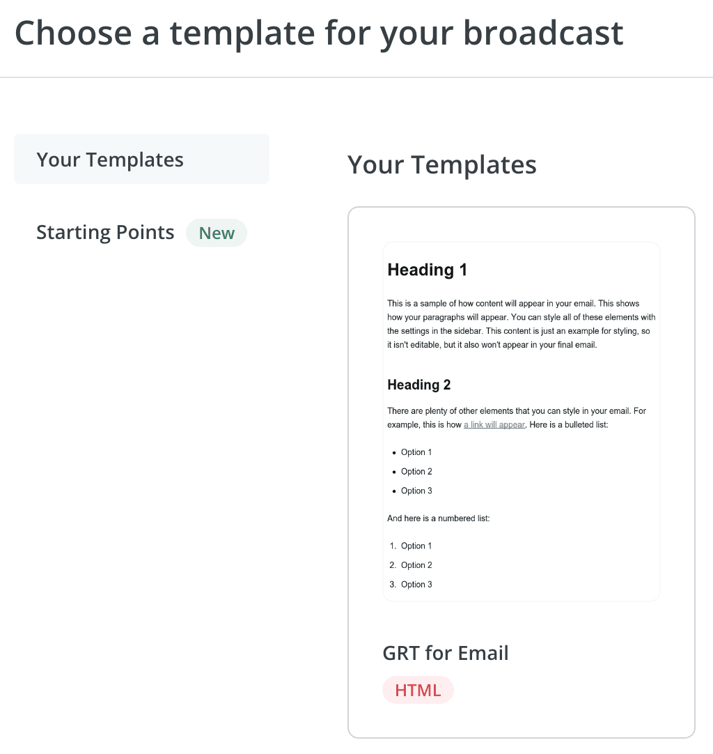 ConvertKit: Choose a template for your broadcast