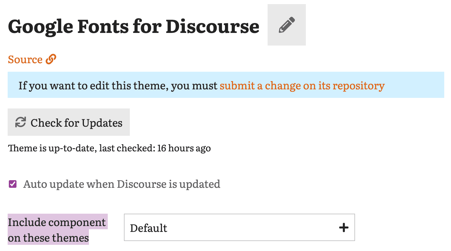 Discourse: Edit Component screen